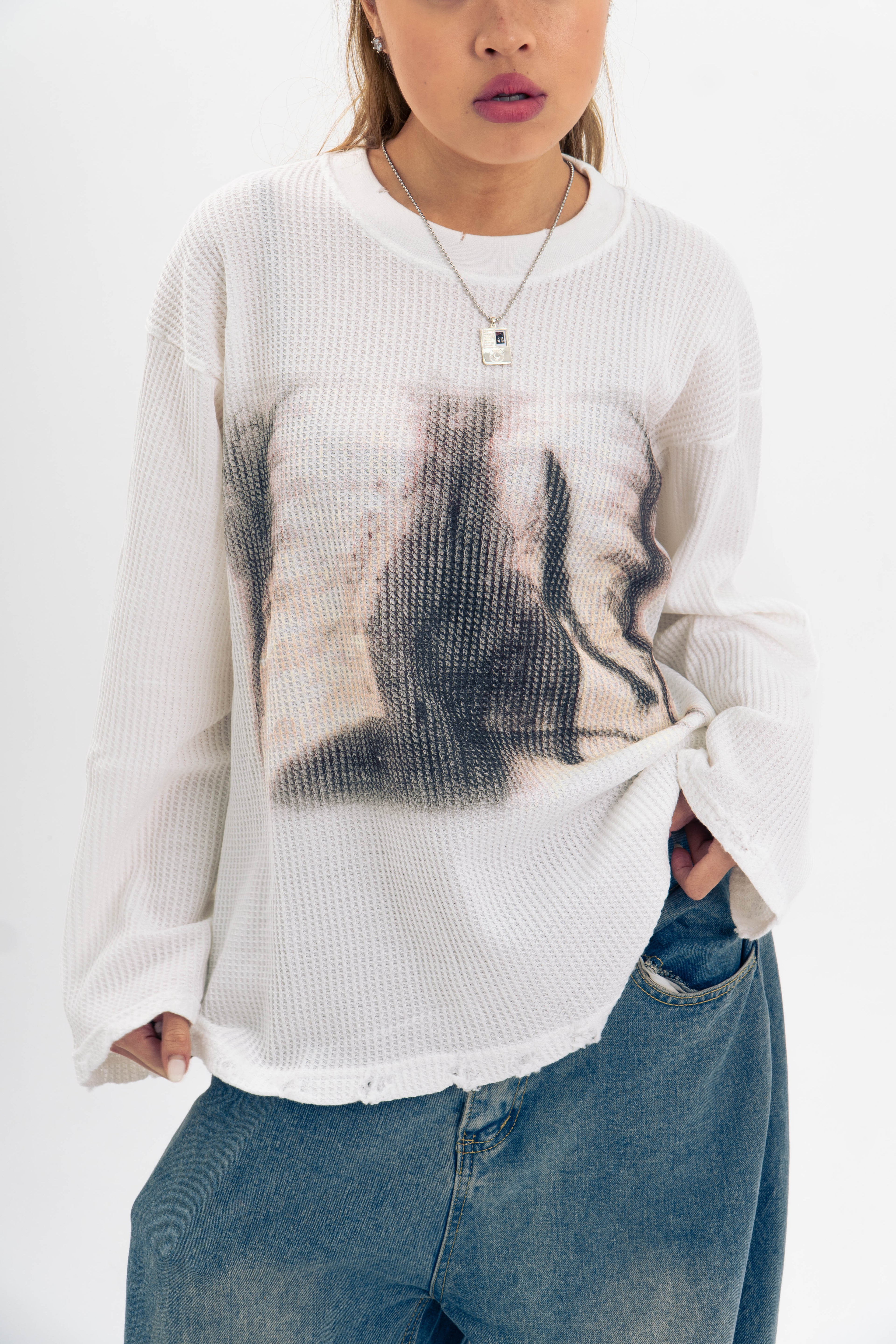 99 Clover - "XRAY" WAFFLE KNIT LONGSLEEVE WHITE